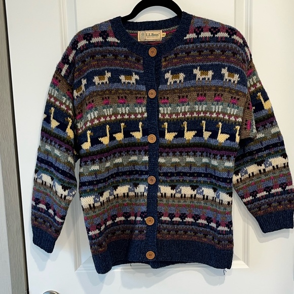 Vtg LL Bean Cardigan Womens Medium Wool Animal 80s Prairie Sheep/geese/Horse - Picture 3 of 9